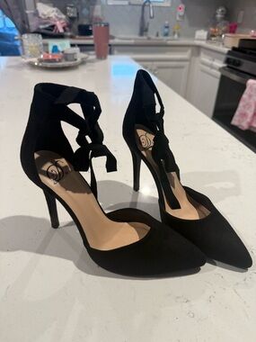 Black Suede Pointed-Toe Ankle Tie High Heels